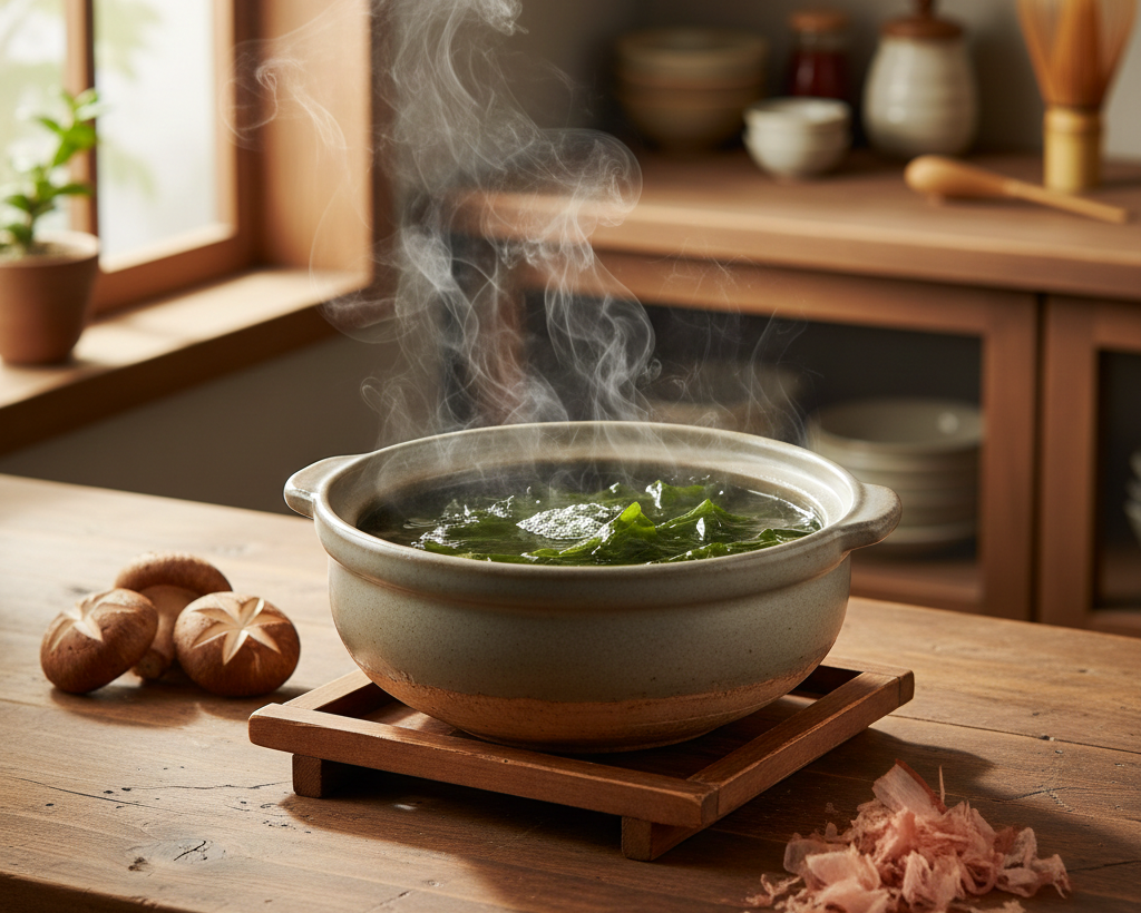 Japonský vývar dashi s mořskou řasou kombu a houbami bohatý na umami